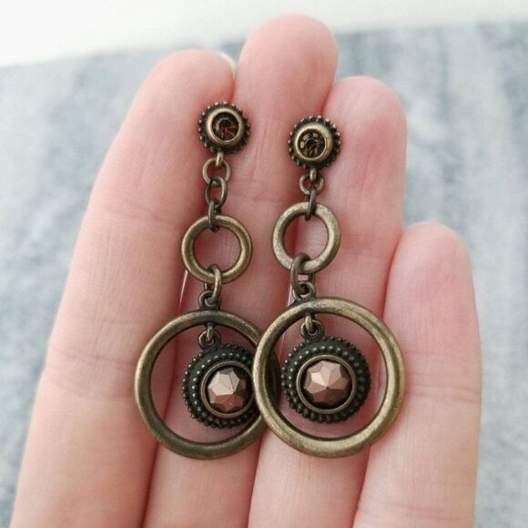 Boho Circular Drop Post Earrings, Brown Rhinestones, Neutral Tones - Picture 2 of 5